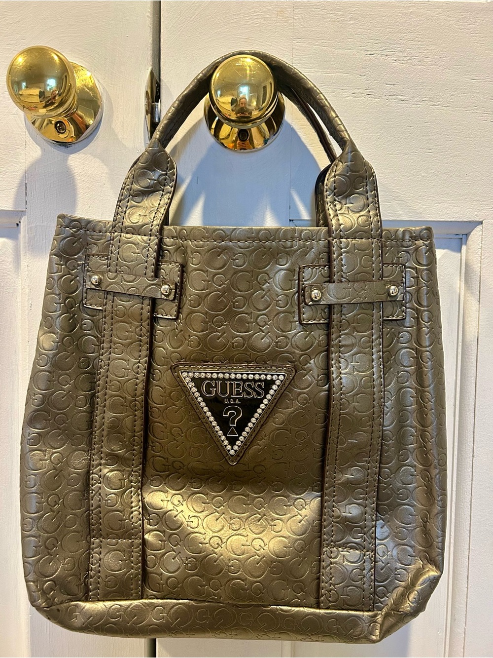 VINTAGE GUESS Metallic Silver Tote Bag with Embossed Logo 12x12